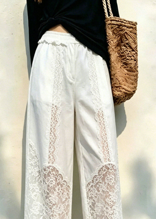 Simple White Elastic Waist Crop Pants Lace Patchwork Fall