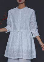 Simple White Embroidered Cotton Cinched Blouse Tops Spring