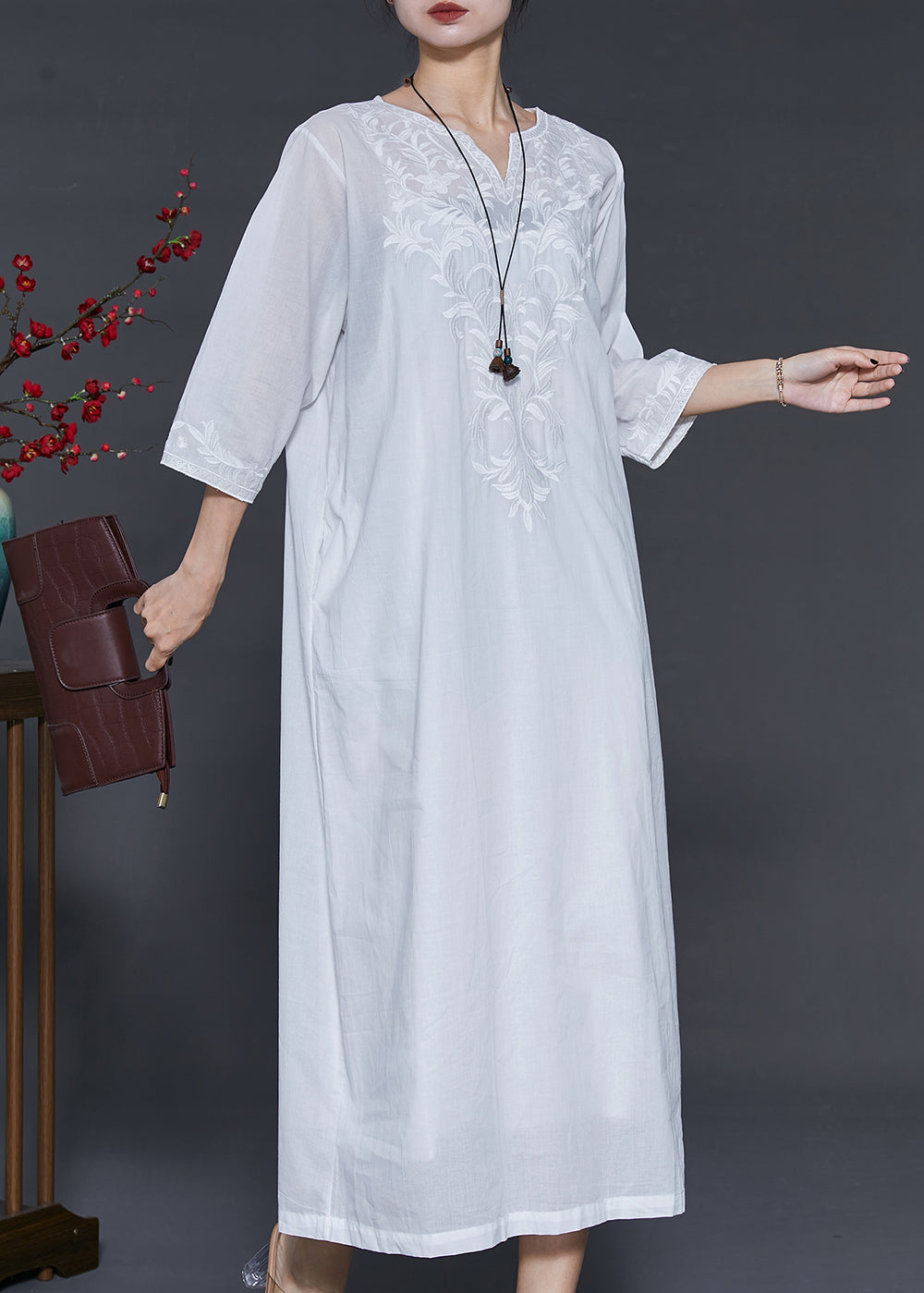 Simple White Embroidered Linen Vacation Dresses Bracelet Sleeve