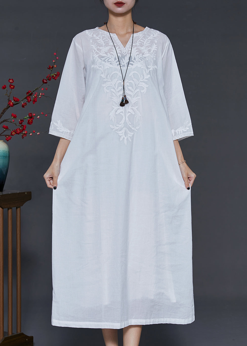 Simple White Embroidered Linen Vacation Dresses Bracelet Sleeve