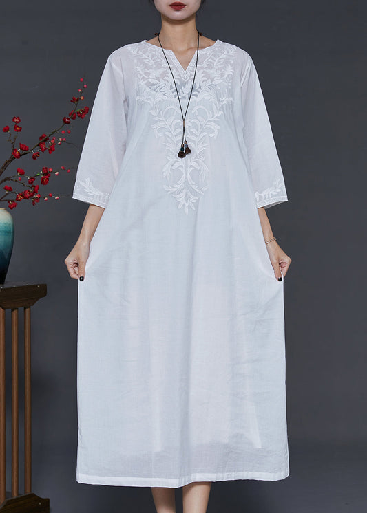 Simple White Embroidered Linen Vacation Dresses Bracelet Sleeve