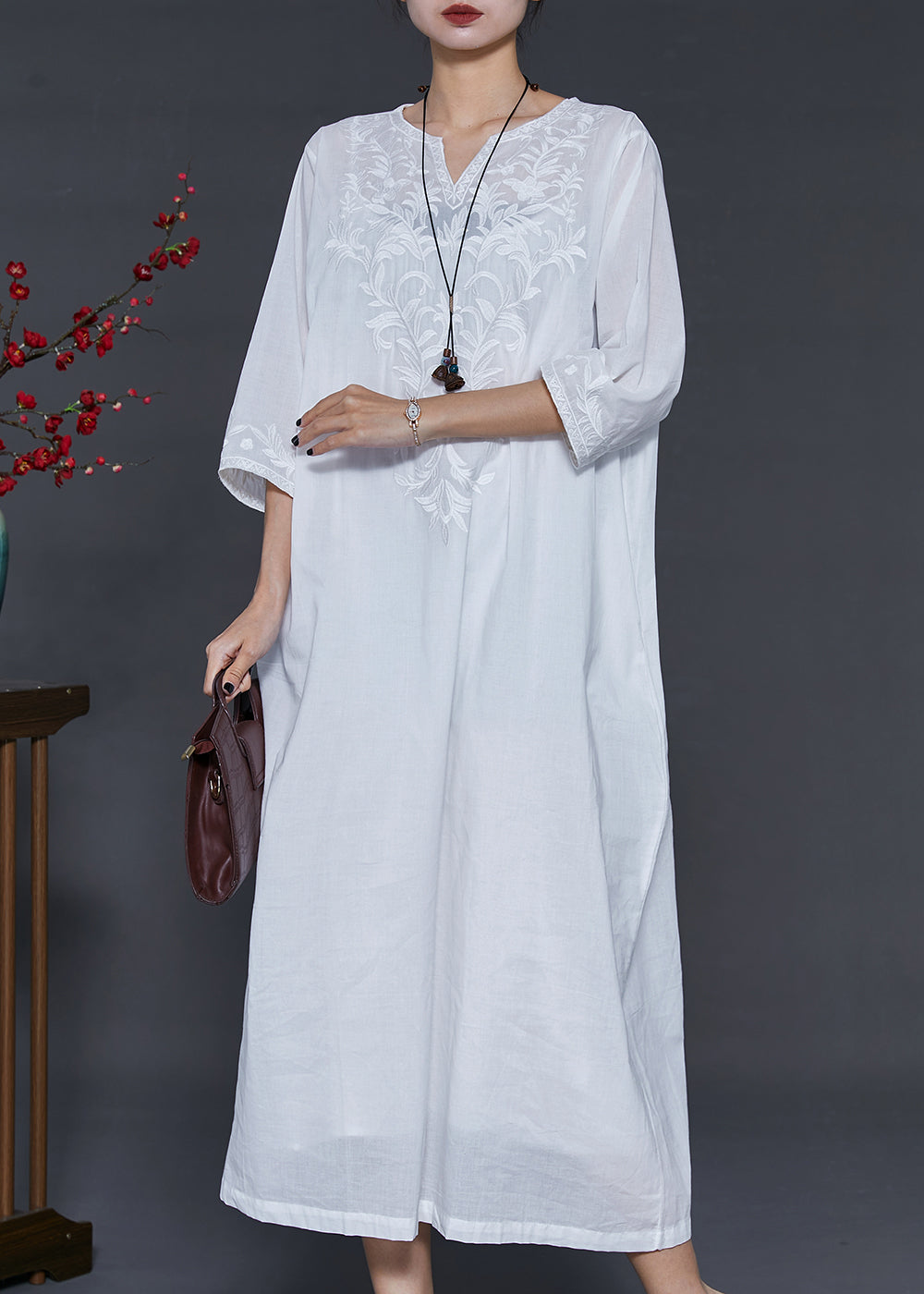 Simple White Embroidered Linen Vacation Dresses Bracelet Sleeve