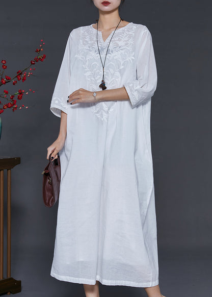 Simple White Embroidered Linen Vacation Dresses Bracelet Sleeve