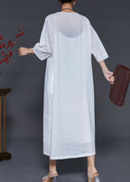 Simple White Embroidered Linen Vacation Dresses Bracelet Sleeve