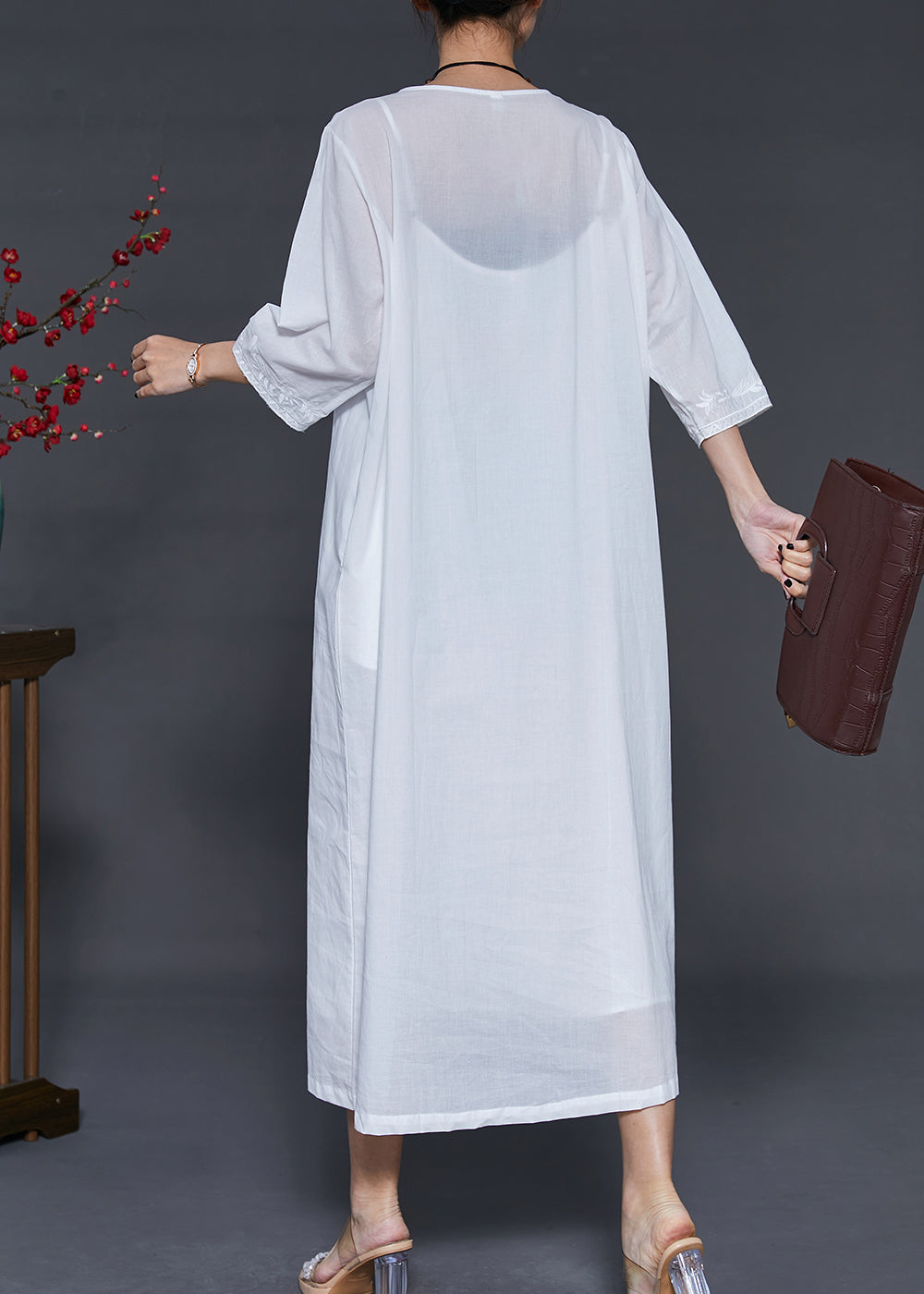 Simple White Embroidered Linen Vacation Dresses Bracelet Sleeve