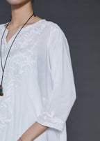 Simple White Embroidered Linen Vacation Dresses Bracelet Sleeve