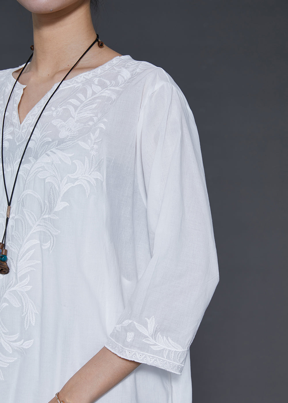 Simple White Embroidered Linen Vacation Dresses Bracelet Sleeve