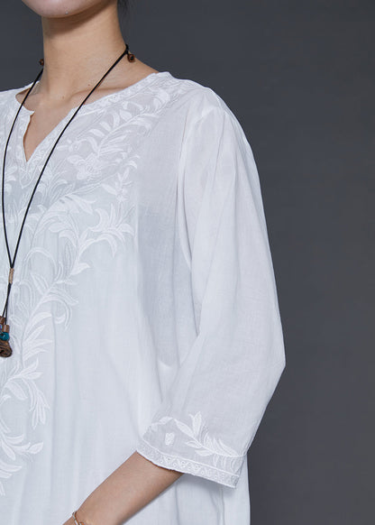 Simple White Embroidered Linen Vacation Dresses Bracelet Sleeve