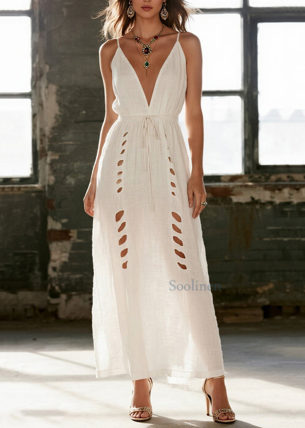 Simple White Hollow Out Cotton Cami Dress Summer