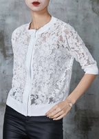 Simple White Hollow Out Lace Shirt Summer