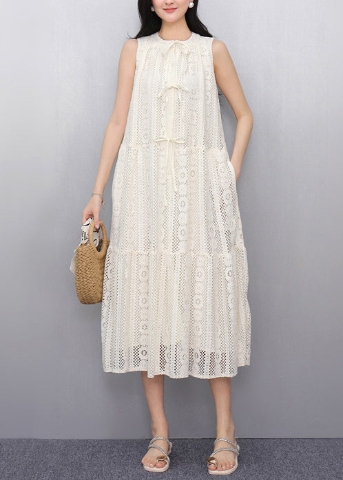 Simple White Hollow Out Tulle A Line Dress Sleeveless