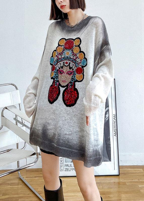 Simple White Loose O-Neck Tie Dye Fall Long Knit Top - SooLinen