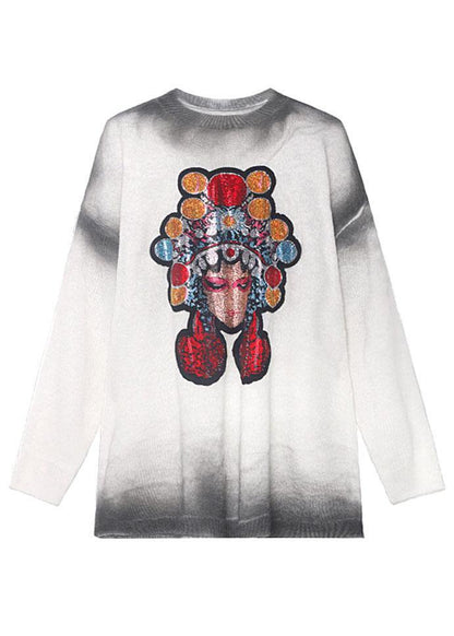 Simple White Loose O-Neck Tie Dye Fall Long Knit Top - SooLinen