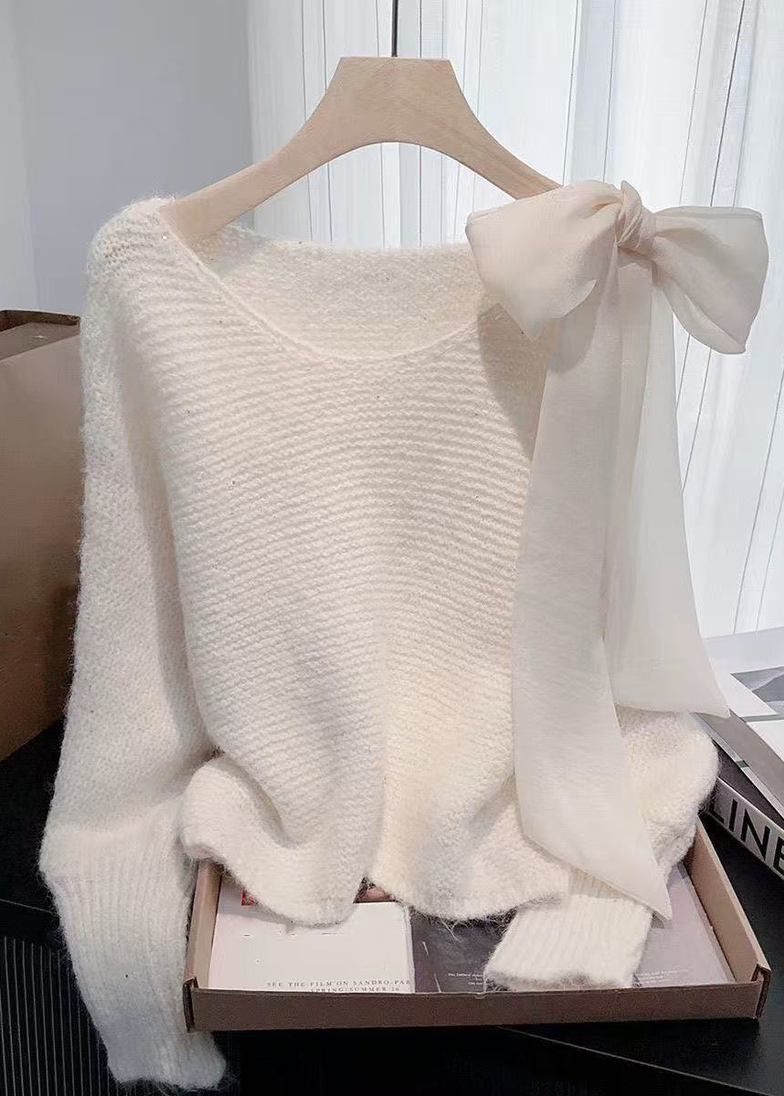 Simple White O-Neck Bow Knit Sweater Fall