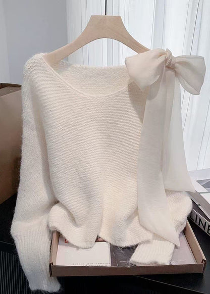 Simple White O-Neck Bow Knit Sweater Fall