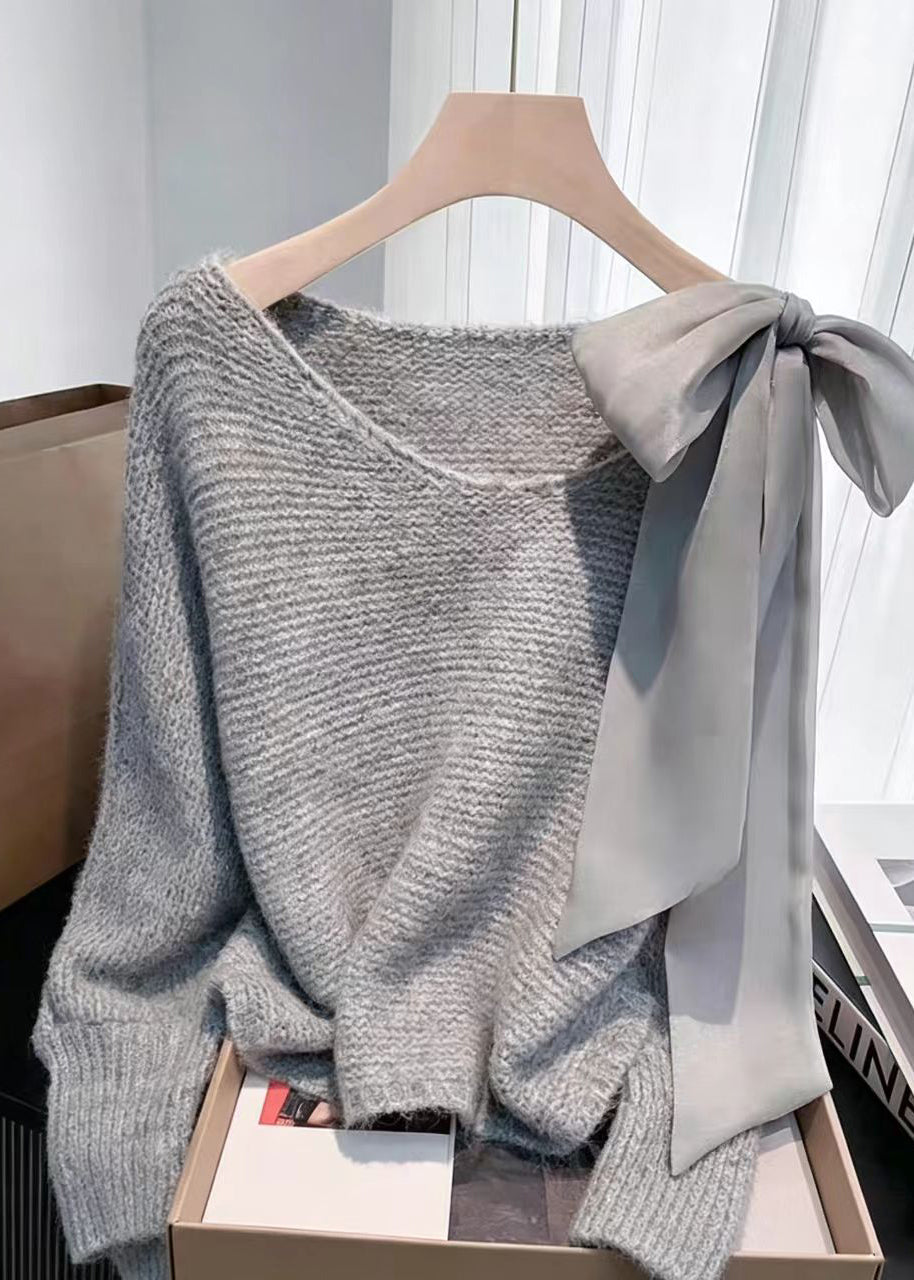 Simple White O-Neck Bow Knit Sweater Fall