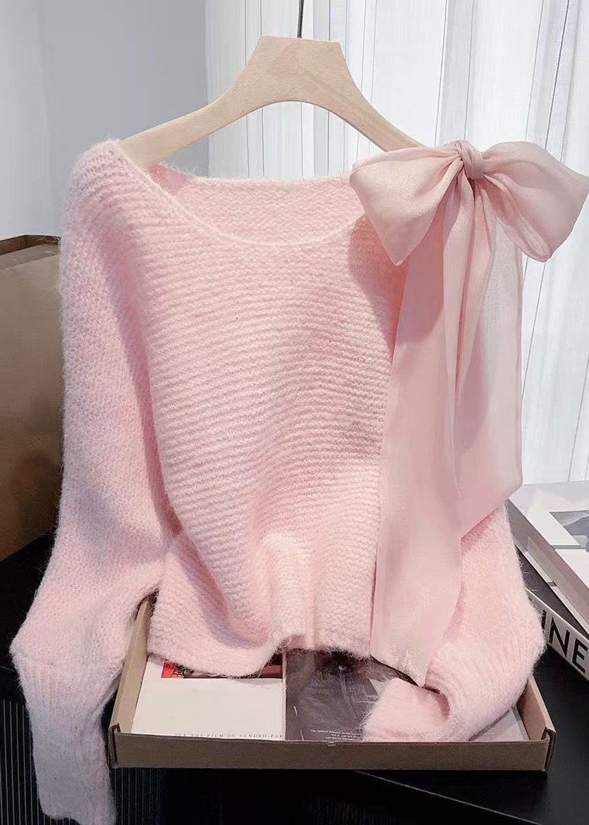 Simple White O-Neck Bow Knit Sweater Fall