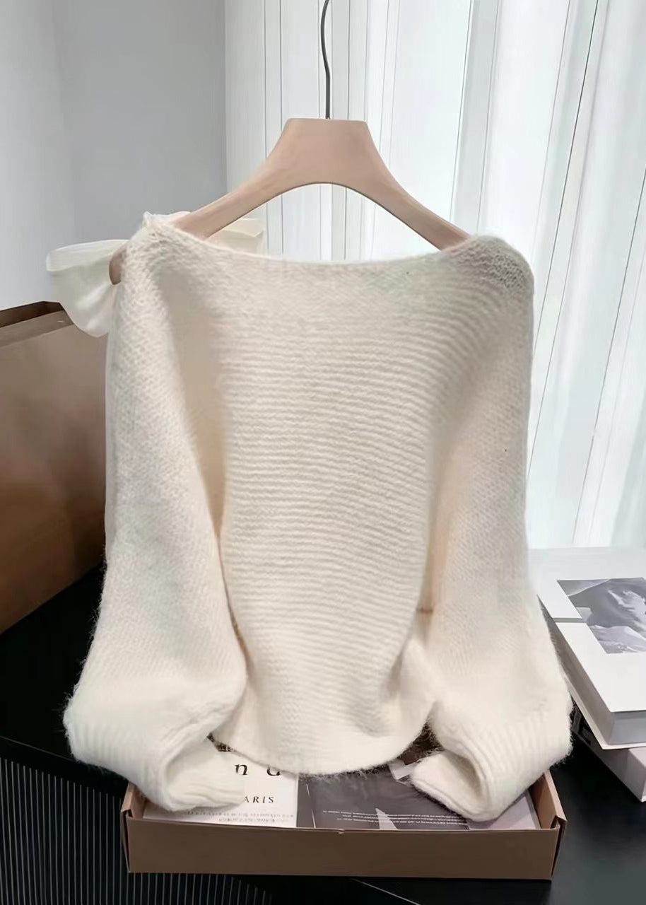 Simple White O-Neck Bow Knit Sweater Fall