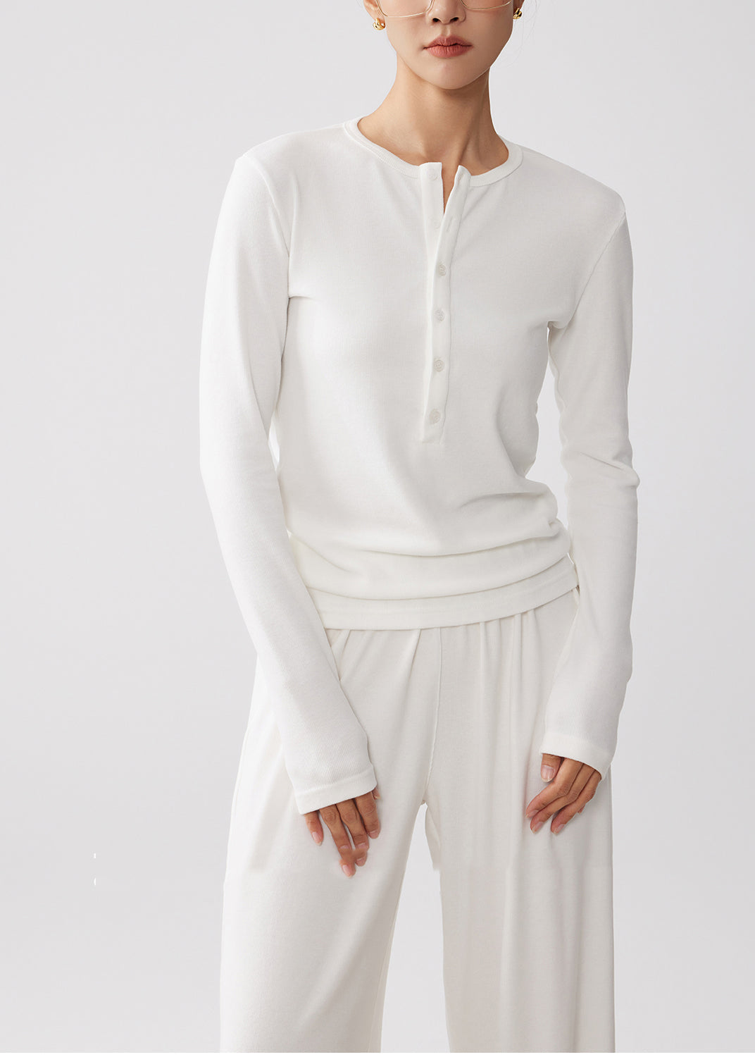 Simple White O-Neck Button Down Cotton Two Piece Set Women Clothing Spring