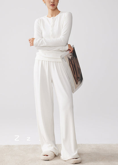 Simple White O-Neck Button Down Cotton Two Piece Set Women Clothing Spring