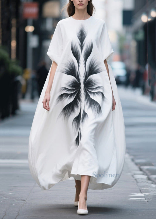 Simple White Oversized Print Chiffon Maxi Dress Summer