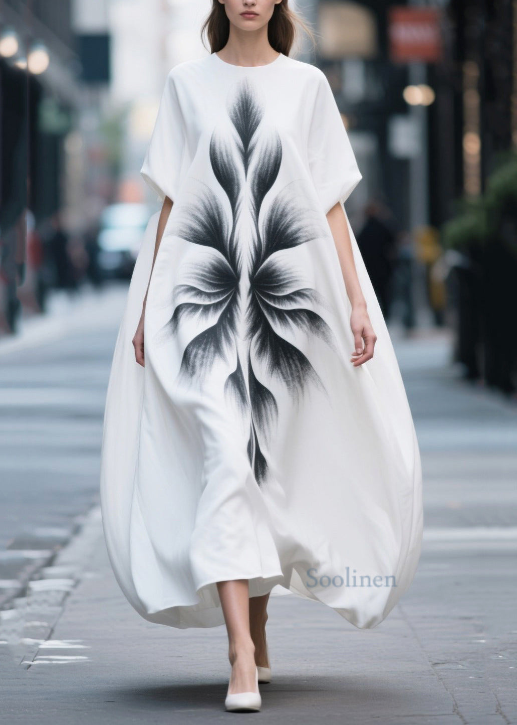Simple White Oversized Print Chiffon Maxi Dress Summer