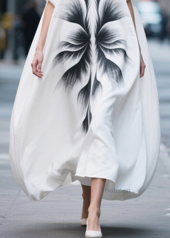 Simple White Oversized Print Chiffon Maxi Dress Summer