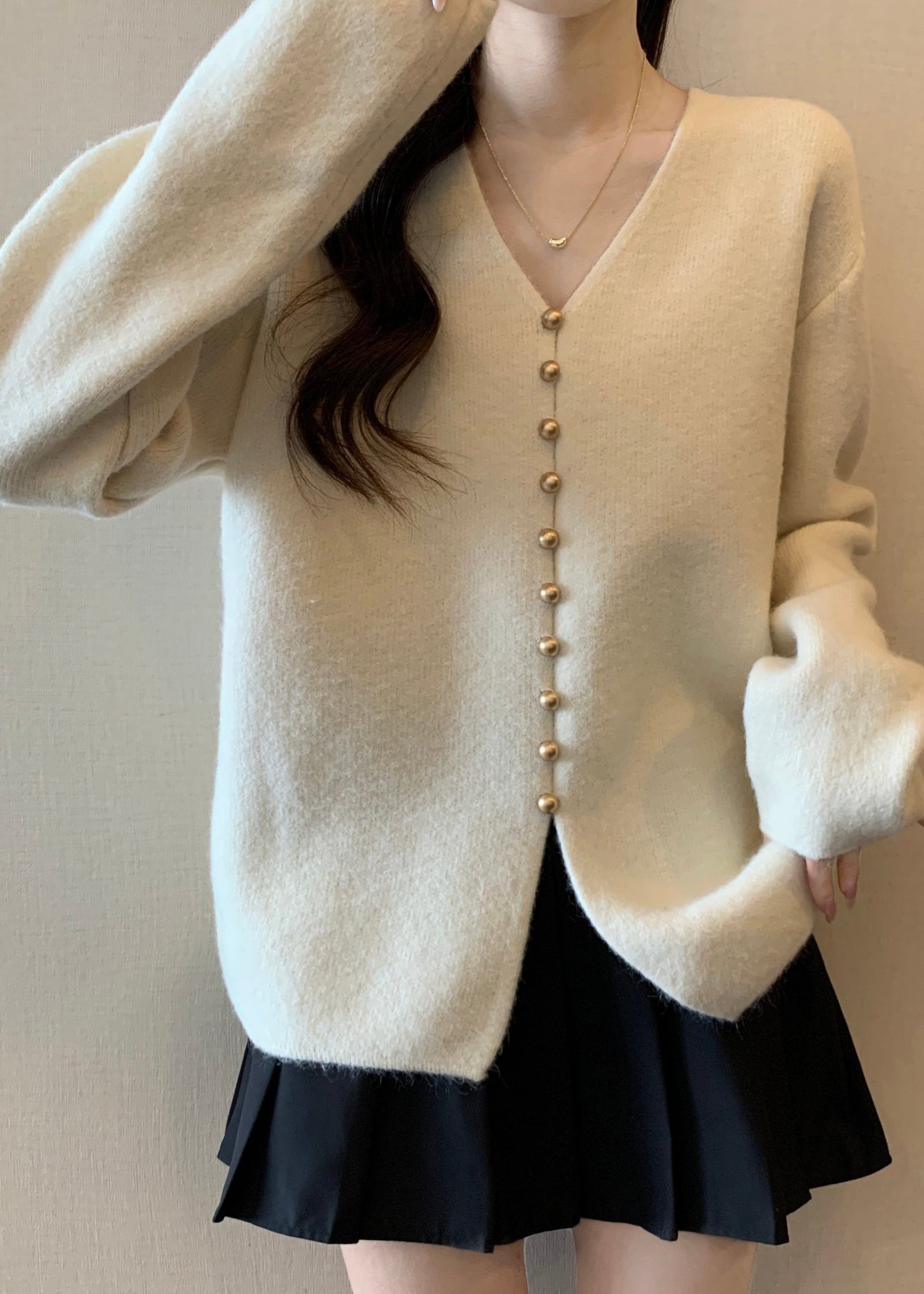 Simple White Oversized Single Breasted Knit Sweater Tops Fall