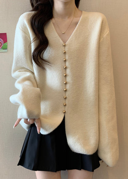 Simple White Oversized Single Breasted Knit Sweater Tops Fall