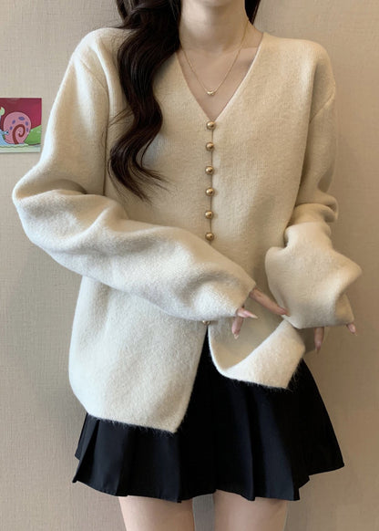 Simple White Oversized Single Breasted Knit Sweater Tops Fall