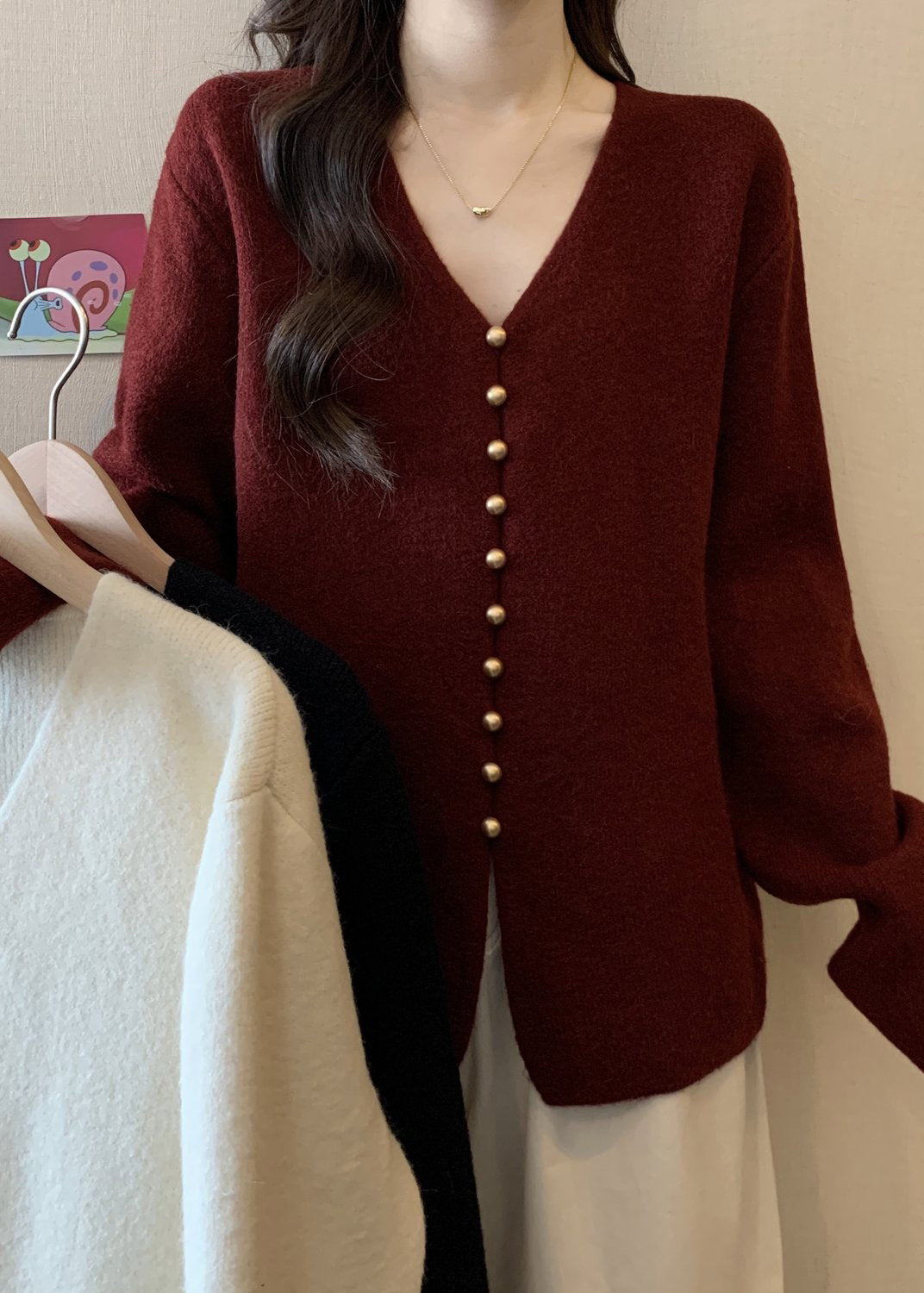 Simple White Oversized Single Breasted Knit Sweater Tops Fall