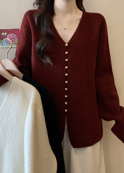 Simple White Oversized Single Breasted Knit Sweater Tops Fall