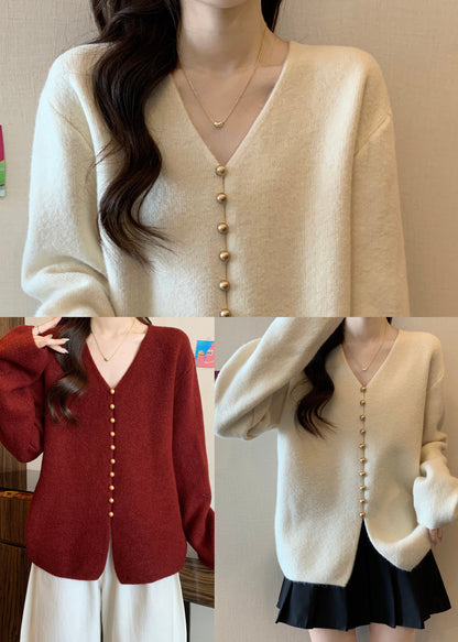 Simple White Oversized Single Breasted Knit Sweater Tops Fall