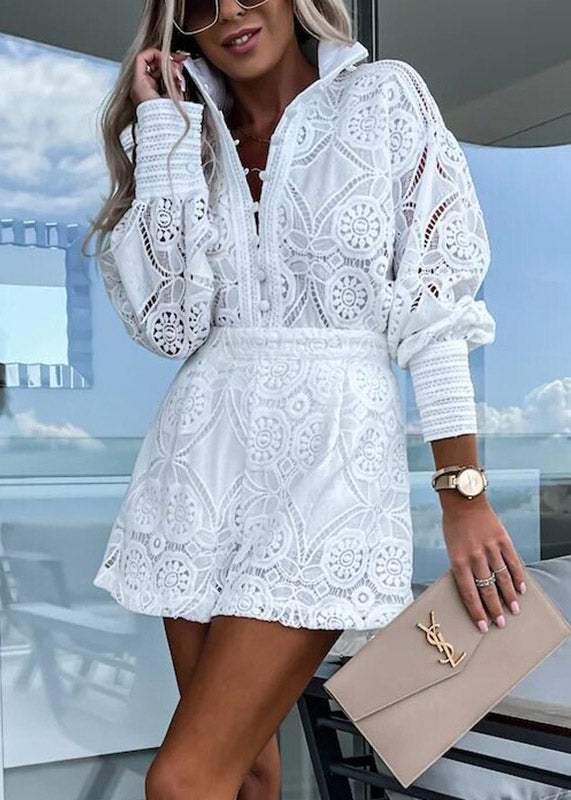 Simple White Peter Pan Collar Lace Shirts And Shorts Two Pieces Set Lantern Sleeve