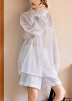 Simple White Pockets Shirts And Shorts Two Piece Suit Set Long Sleeve