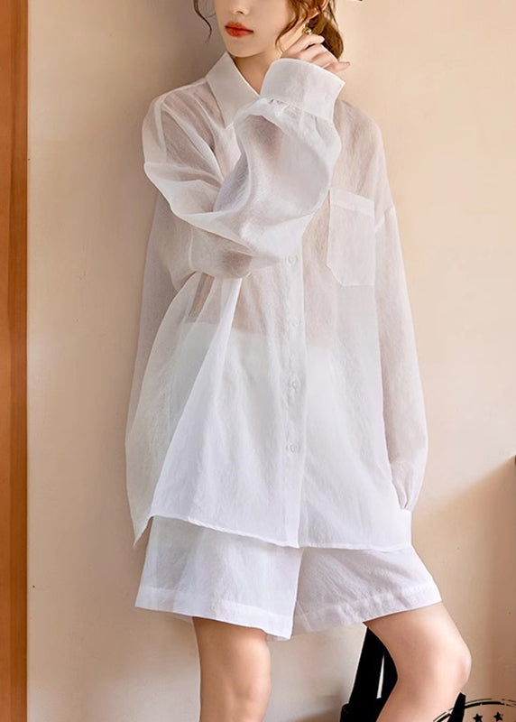 Simple White Pockets Shirts And Shorts Two Piece Suit Set Long Sleeve