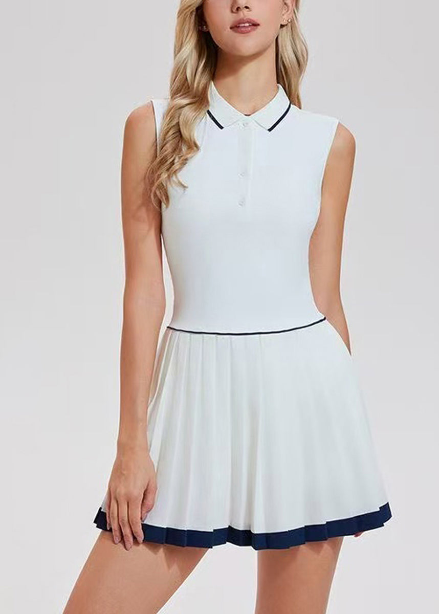 Simple White Polo Collar High-Stretch Built-In Shorts With Pockets Sleeveless Tennis Dress