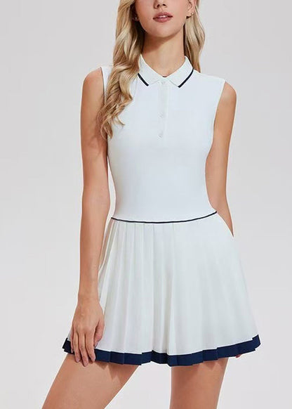 Simple White Polo Collar High-Stretch Built-In Shorts With Pockets Sleeveless Tennis Dress