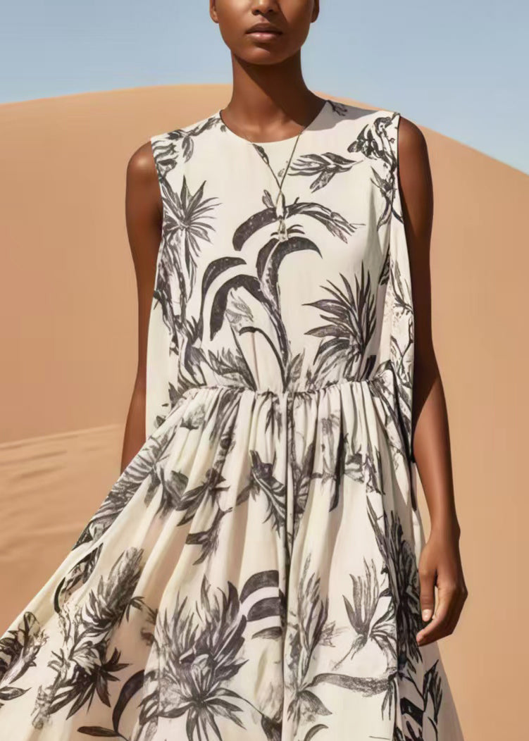Simple White Print Exra Large Hem Cotton Long Dresses Sleeveless