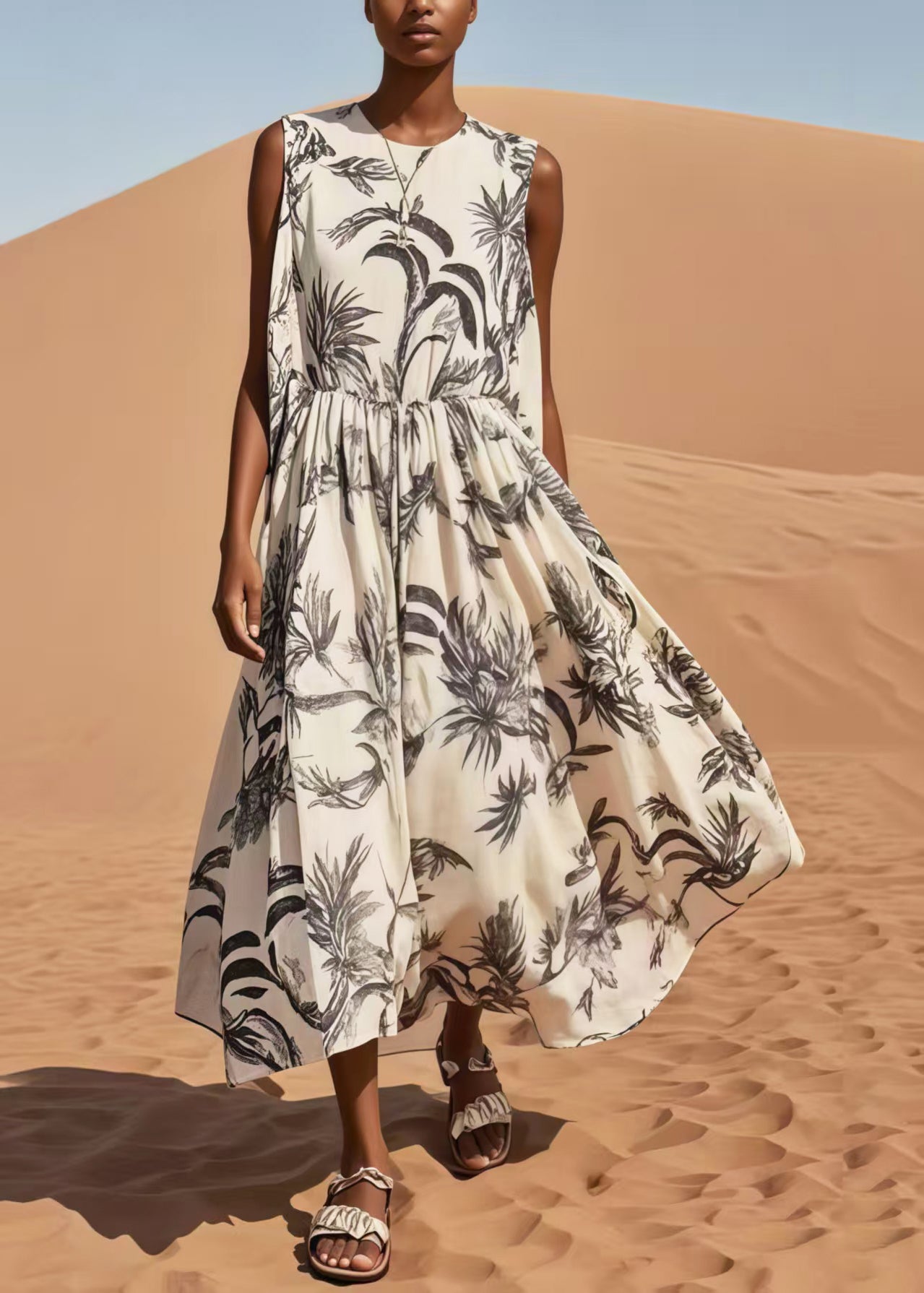 Simple White Print Exra Large Hem Cotton Long Dresses Sleeveless