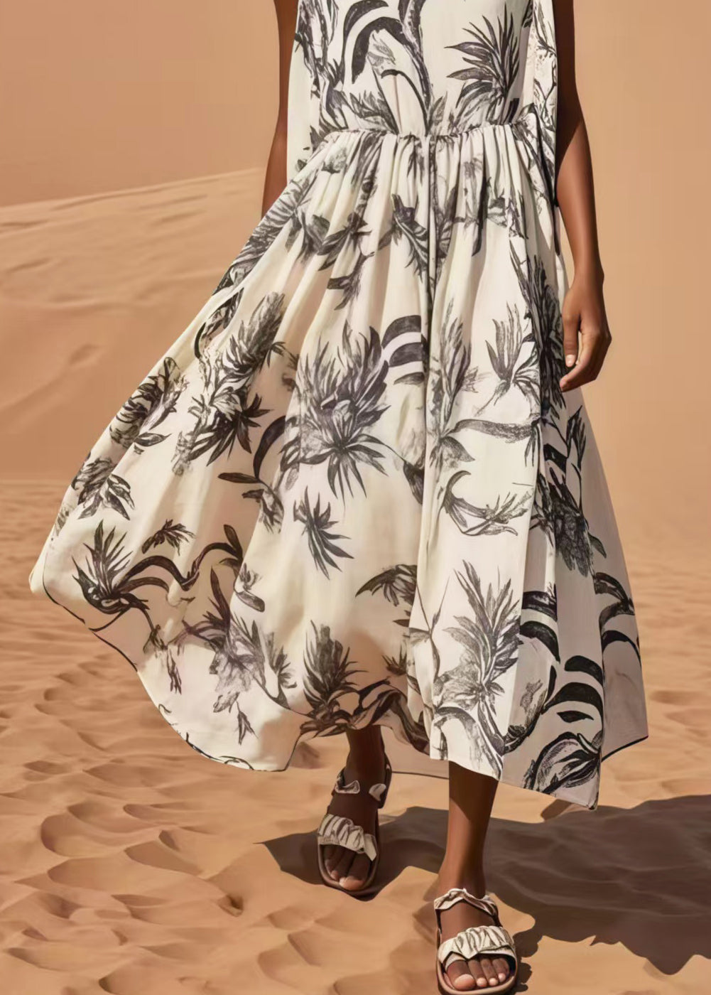 Simple White Print Exra Large Hem Cotton Long Dresses Sleeveless