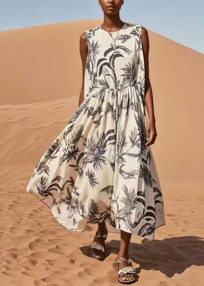 Simple White Print Exra Large Hem Cotton Long Dresses Sleeveless