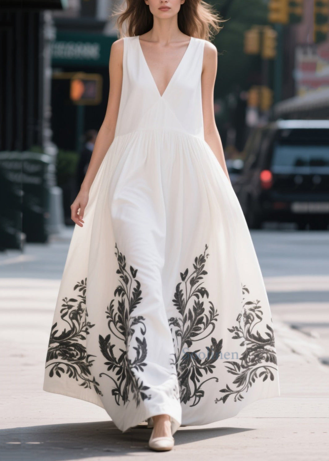 Simple White Print Exra Large Hem Cotton Party Dress Summer