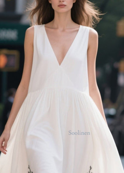 Simple White Print Exra Large Hem Cotton Party Dress Summer