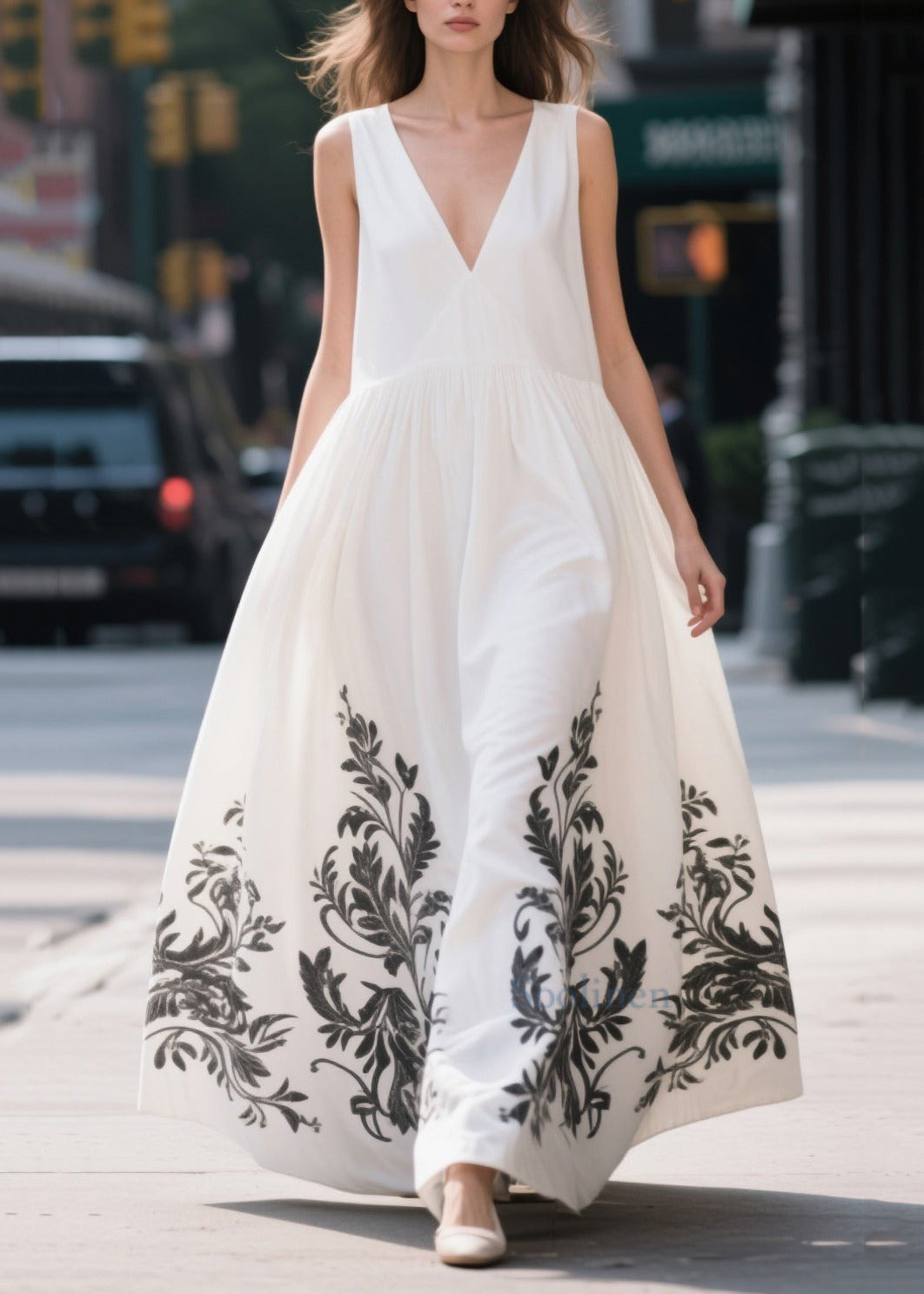 Simple White Print Exra Large Hem Cotton Party Dress Summer