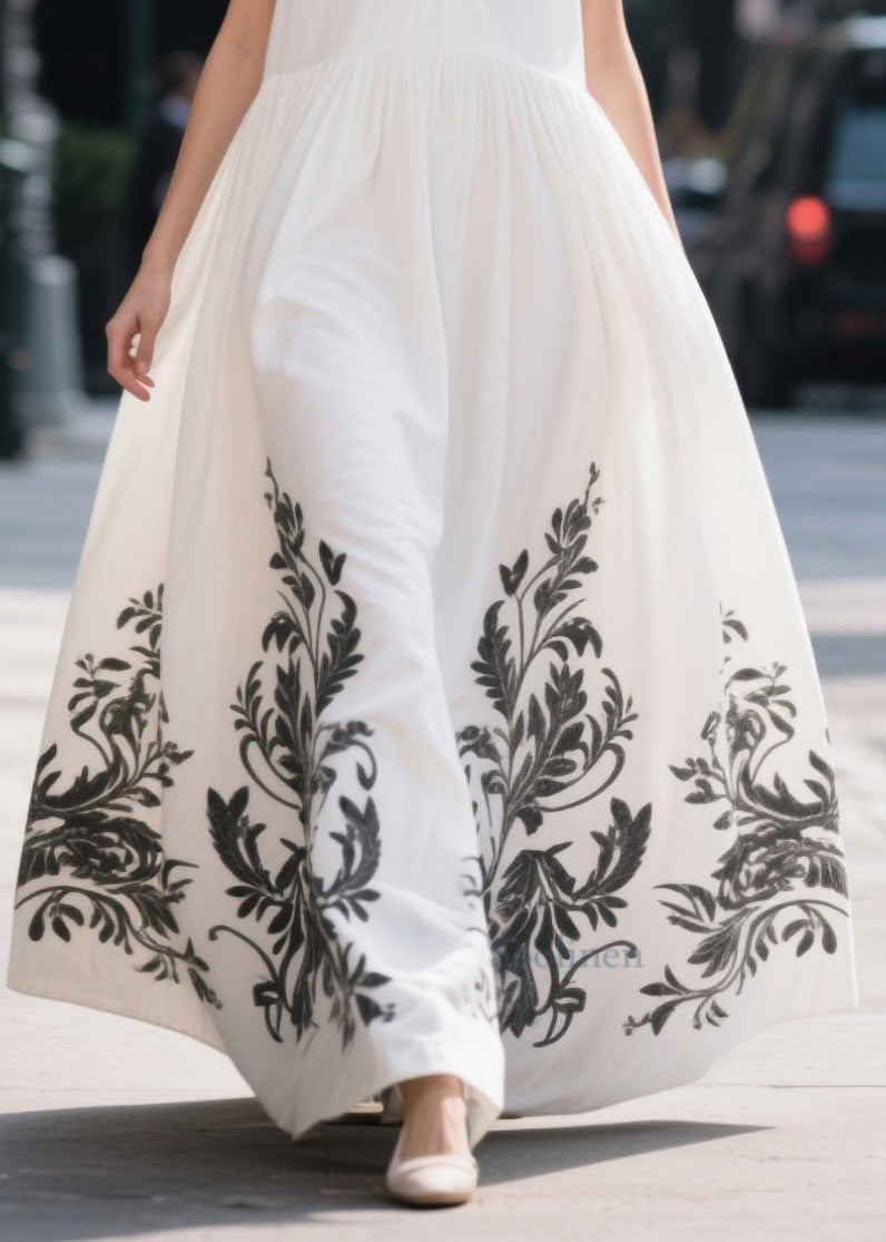 Simple White Print Exra Large Hem Cotton Party Dress Summer