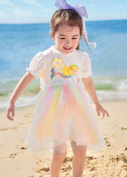 Simple White Ruffled Cartoon Print Patchwork Tulle Kids Girls Dresses Summer