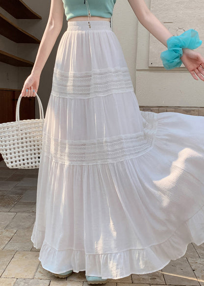 Simple White Ruffled Lace Patchwork Maxi Skirts Summer