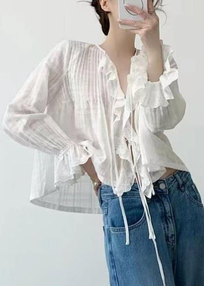 Simple White Ruffled Wrinkled Cotton Holiday Shirt Fall