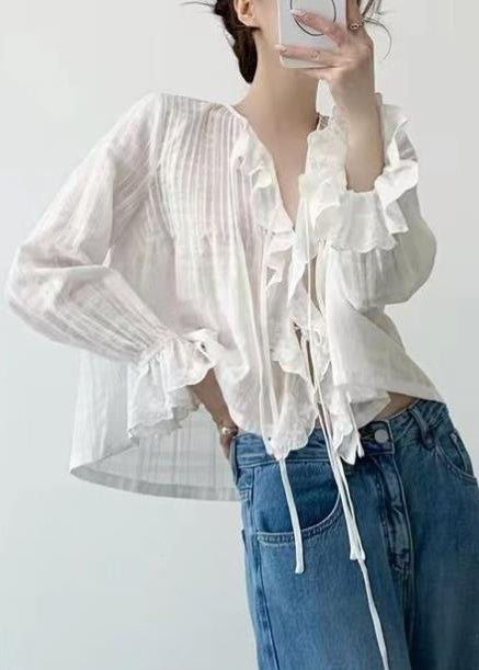 Simple White Ruffled Wrinkled Cotton Holiday Shirt Fall